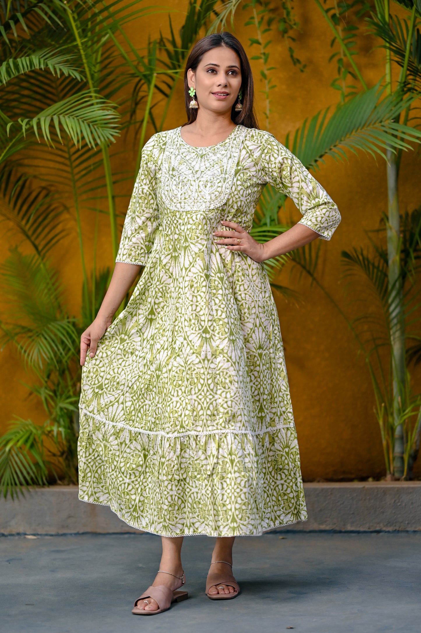 Basil Green Designer Neckline Premium Cotton Flared Maxi Dress