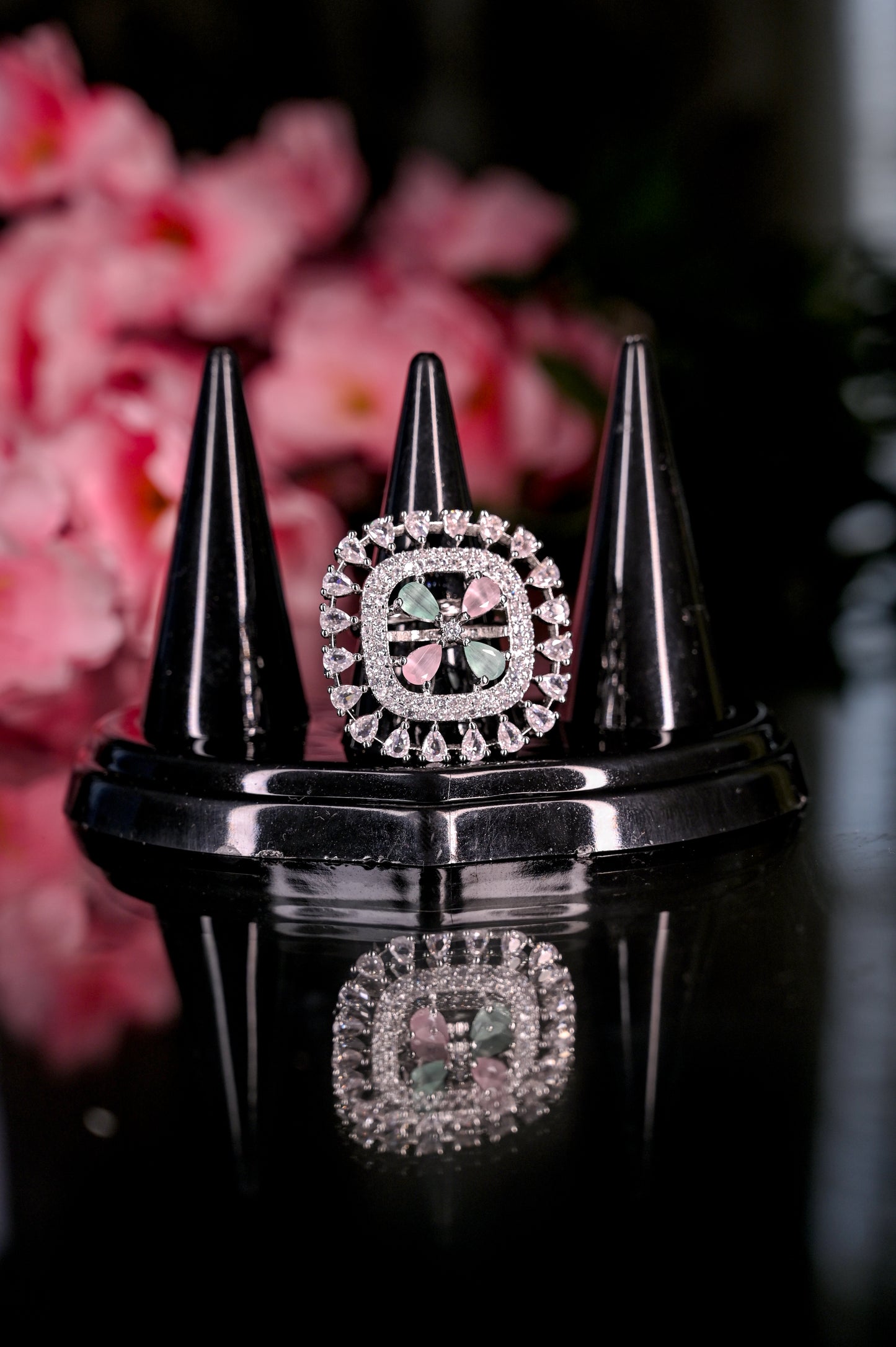 Sterling Silver Dual Color Premium AD Studded Adjustable Ring