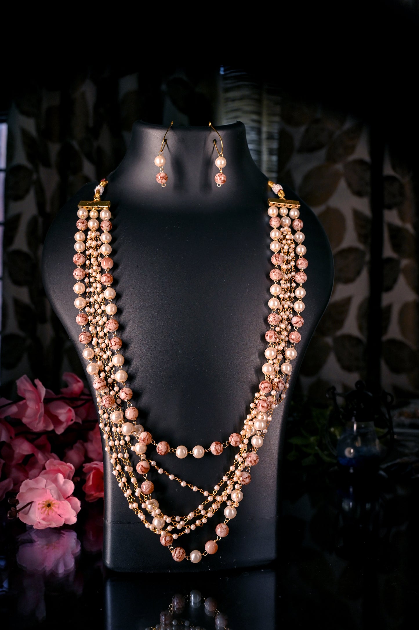 Antique Vintage Multi Strand Fresh Pearls Gold Plated Rhinestone Necklace Set