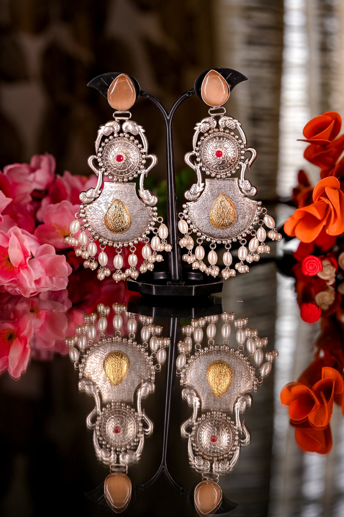 Handcrafted Oxidized Silver Pearl Beaded Long Dangler Earrings