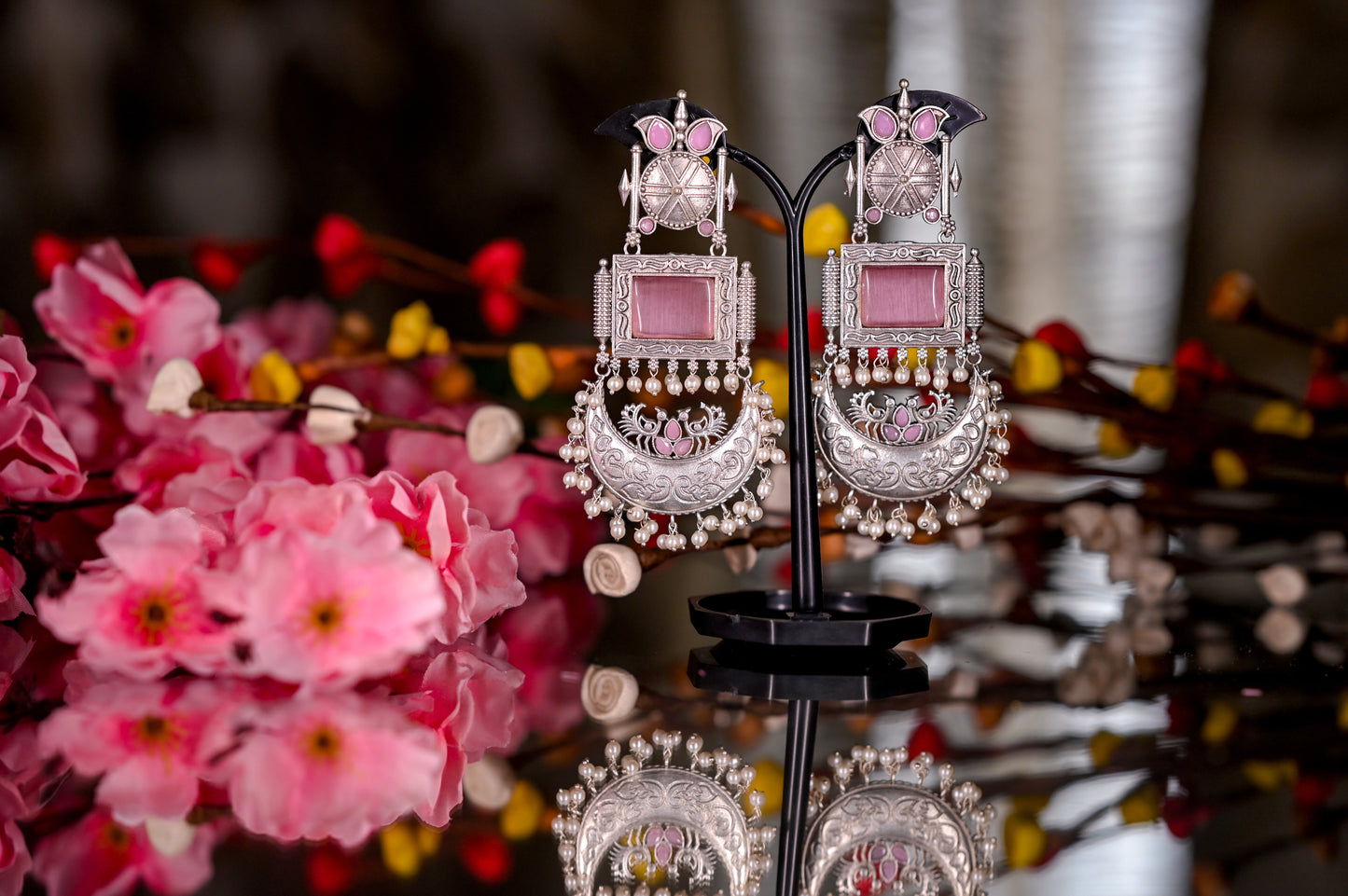 Oxidized Silver Rose Quartz Pearl Beaded Long Earring