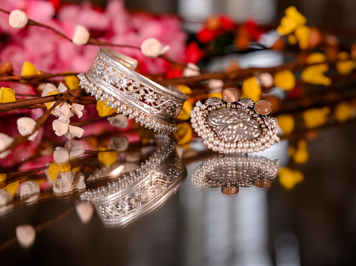 Combo Of Tribal Oxidized Silver Pearl Beaded Cuff Bracelet And Stone Studded Ring