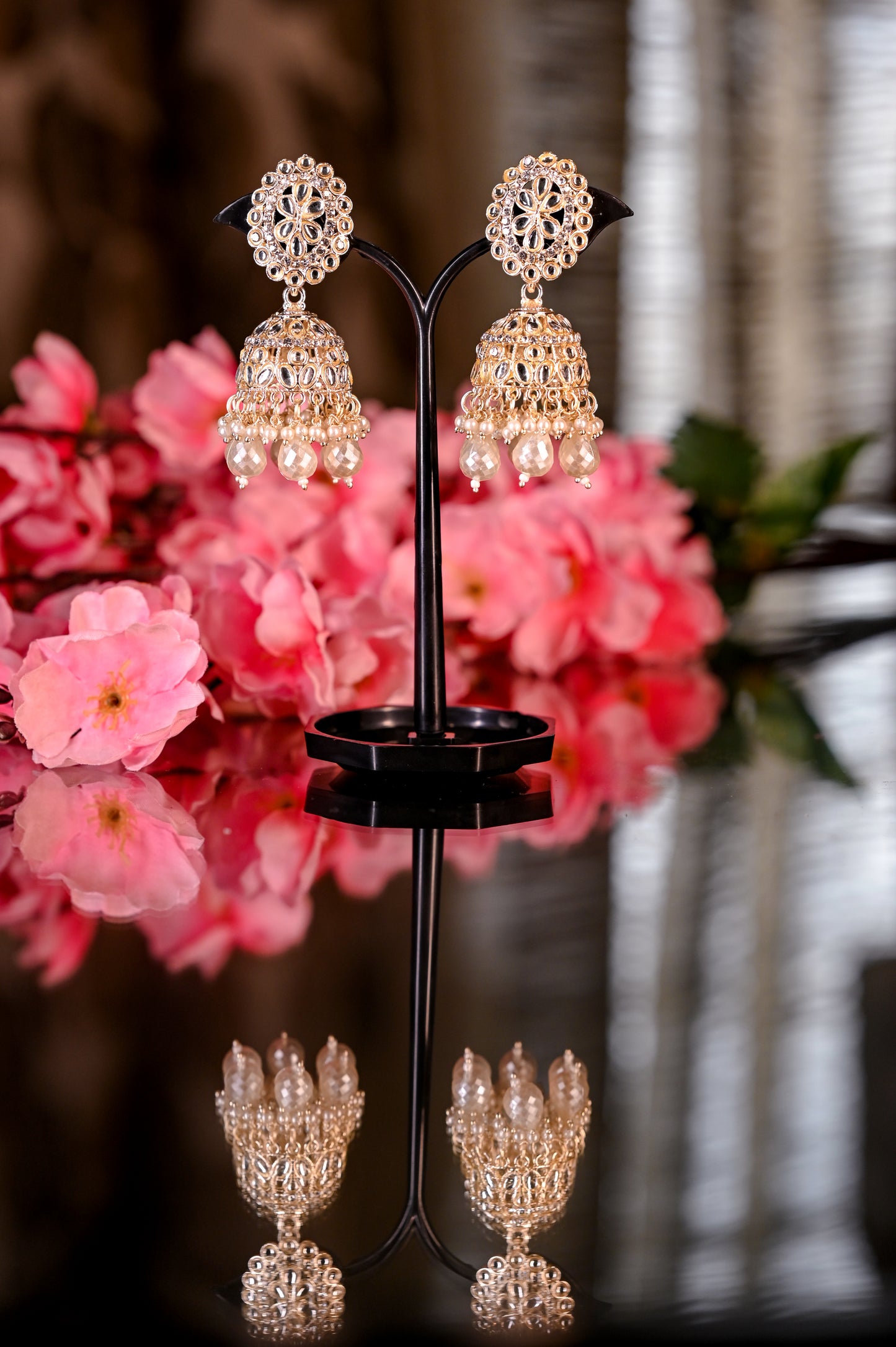 Traditional Silver Toned Zircon Pearl Beaded Jhumkas