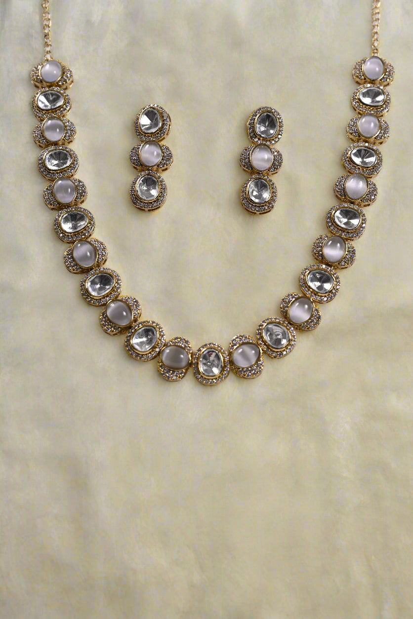 Moissanite CZ Kundan Single Line Necklace Set