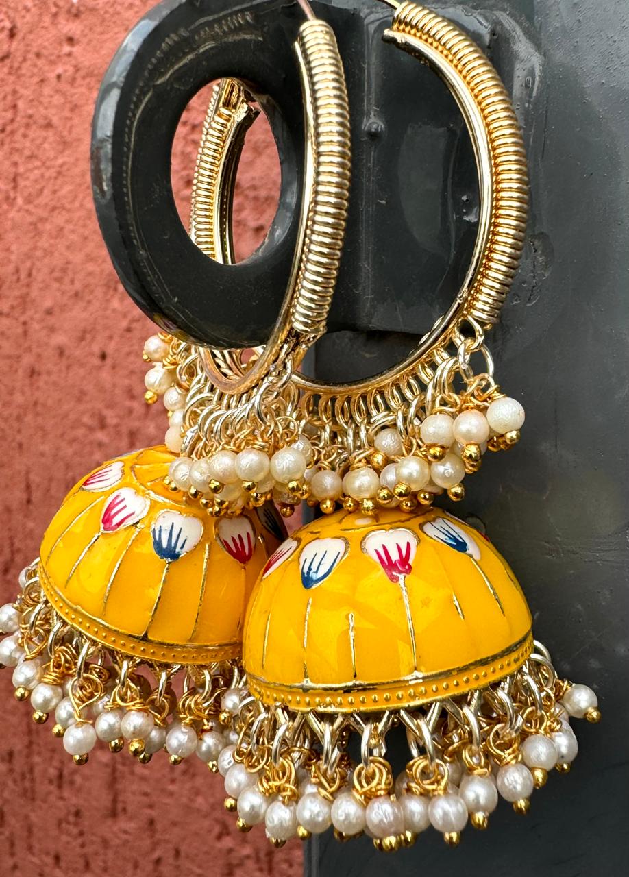Yellow Traditional Handcrafted Meenakari Long Bali Jhumka