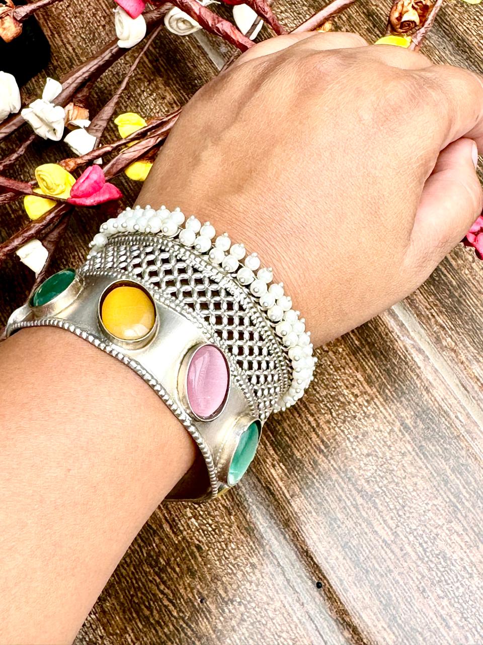 German Silver Adjustable Semi Precious Stone & Pearl Beaded Cuff