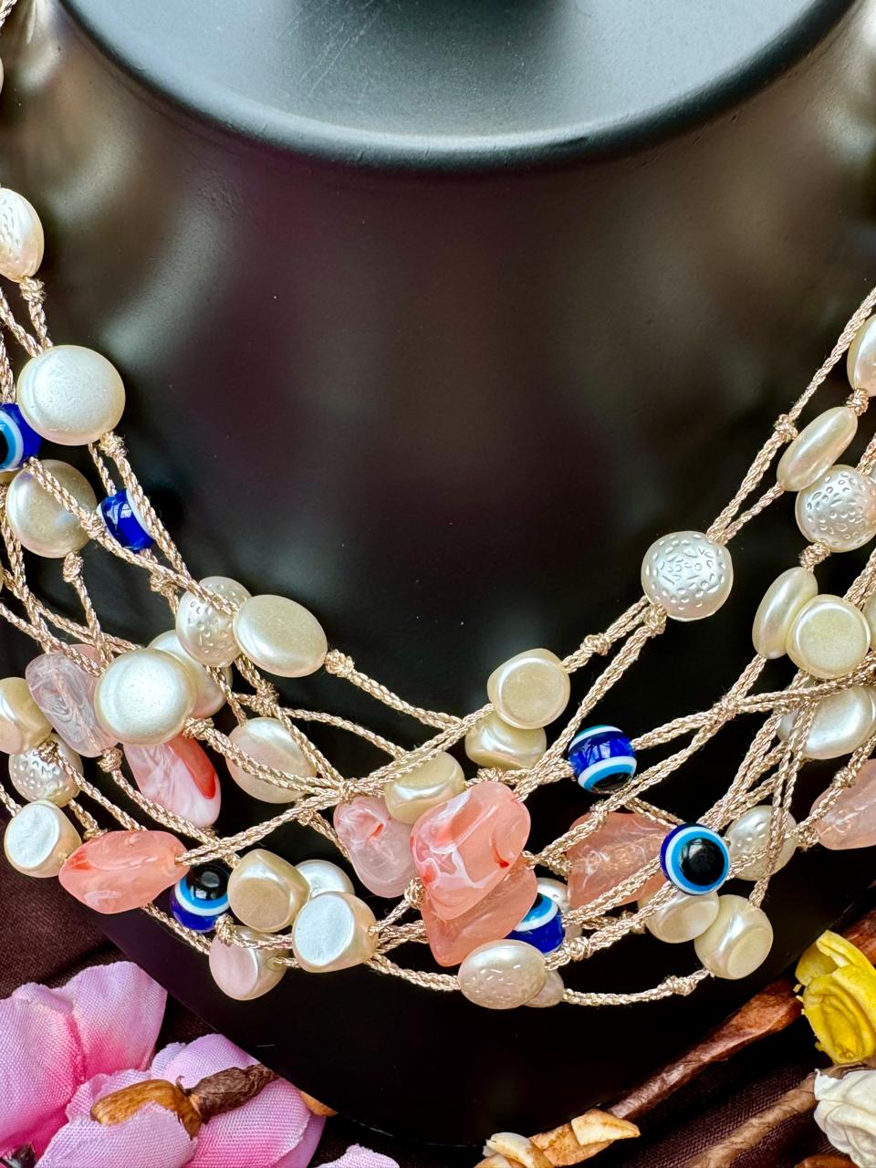 Freshwater Pearl Natural Pink Opal Evil Eye Designer Necklace