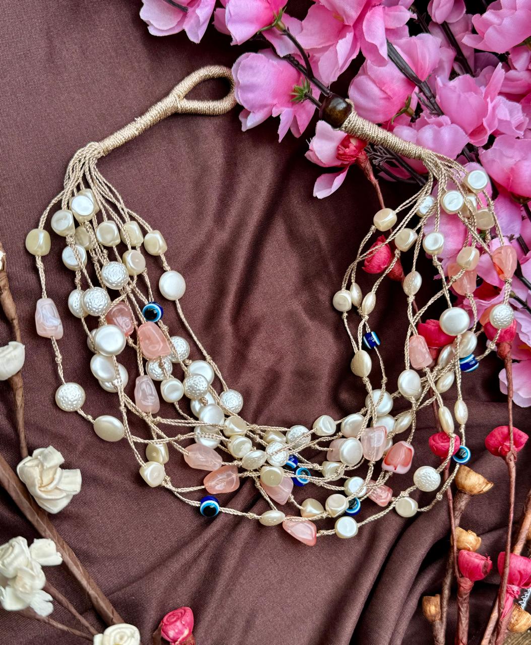 Freshwater Pearl Natural Pink Opal Evil Eye Designer Necklace