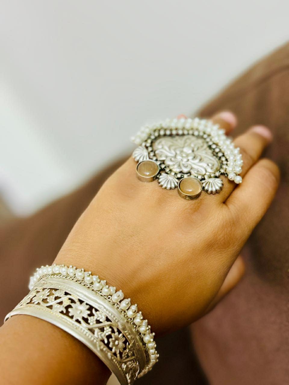 Combo Of Tribal Oxidized Silver Pearl Beaded Cuff Bracelet And Stone Studded Ring