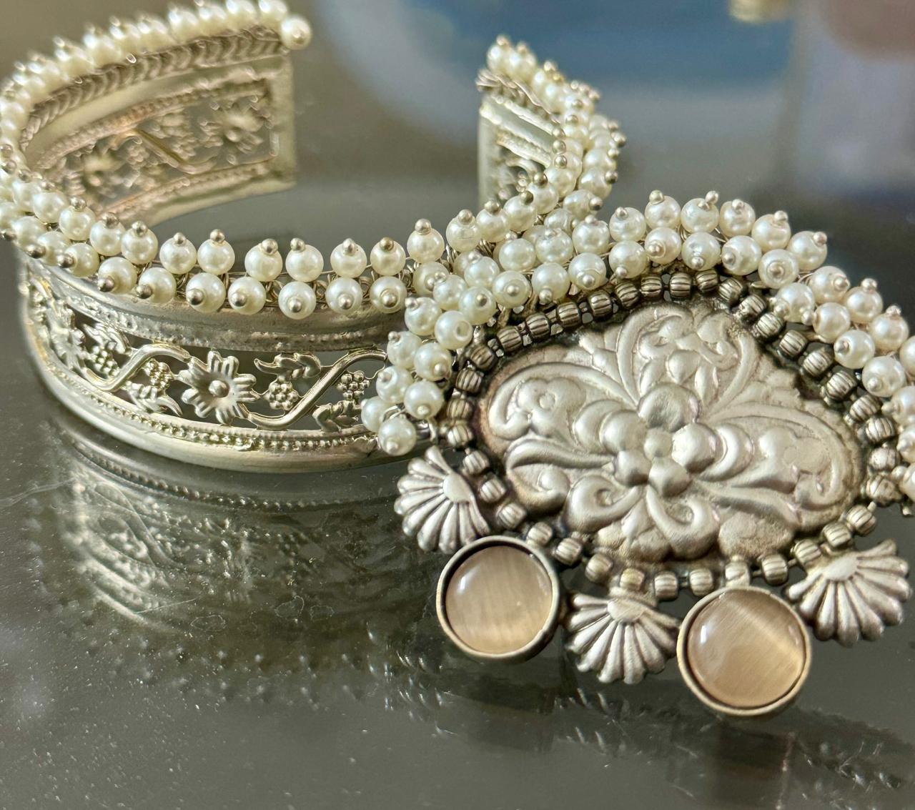 Combo Of Tribal Oxidized Silver Pearl Beaded Cuff Bracelet And Stone Studded Ring
