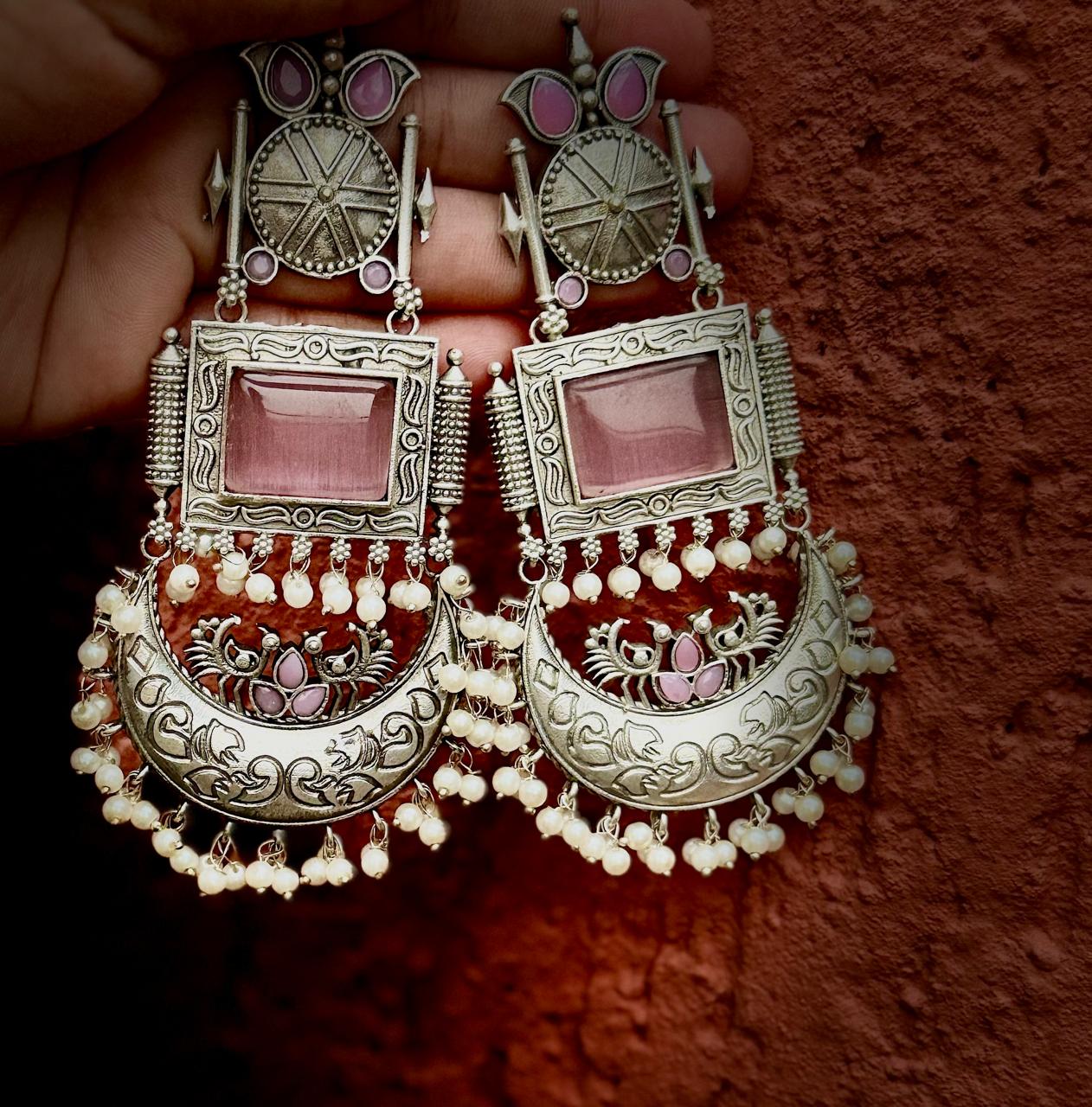 Oxidized Silver Rose Quartz Pearl Beaded Long Earring