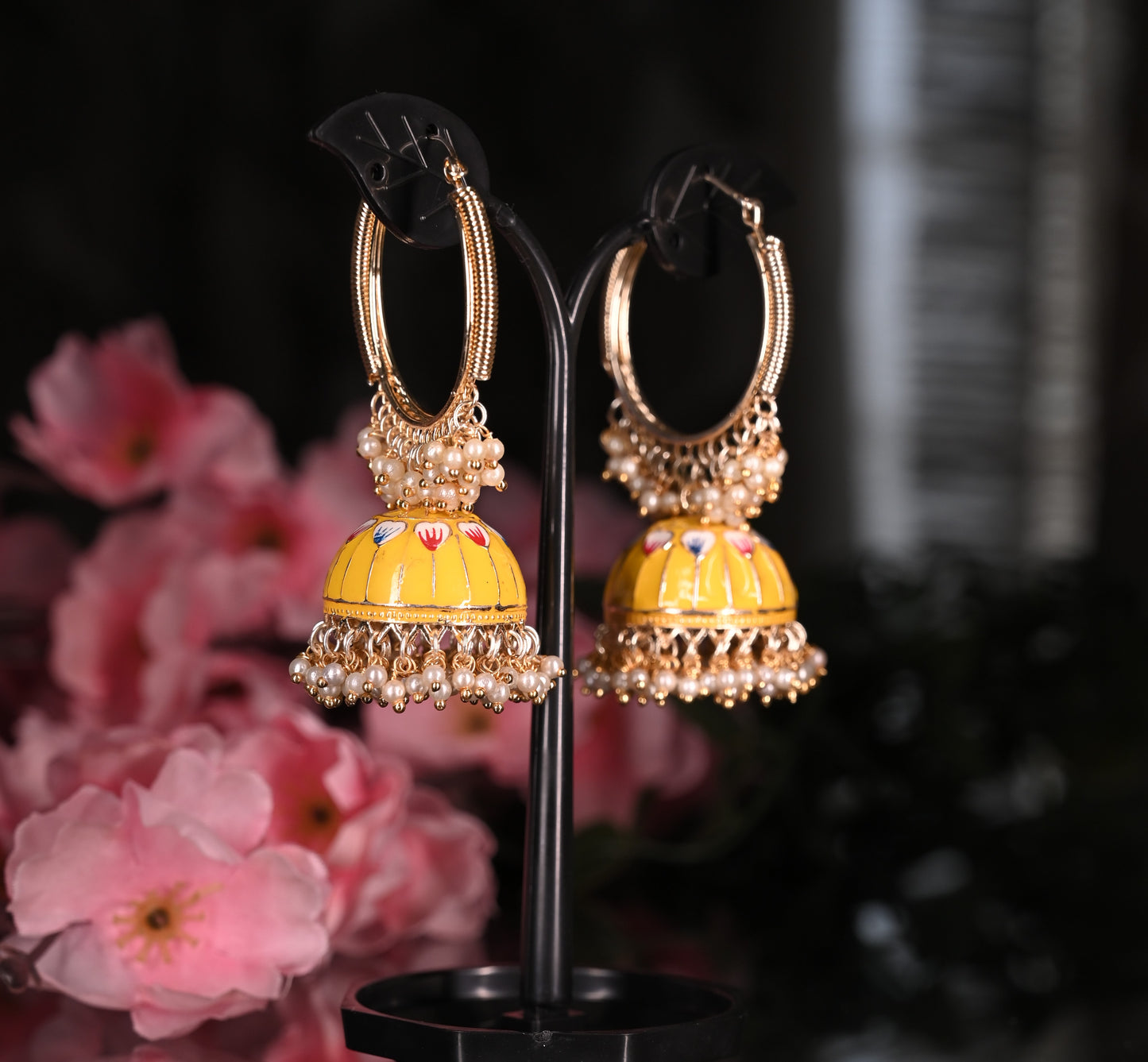 Yellow Traditional Handcrafted Meenakari Long Bali Jhumka