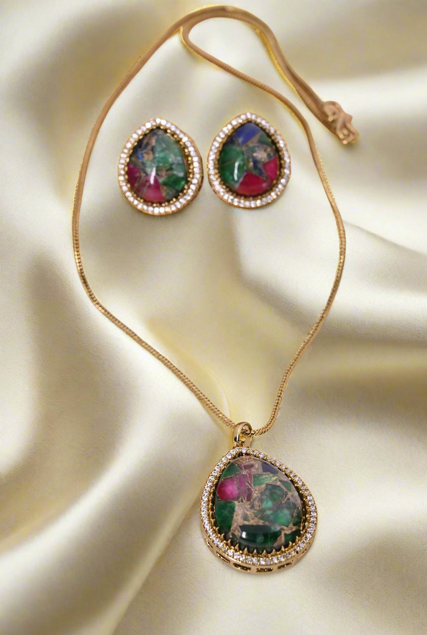 CZ Diamond Natural Doublet Stone Pendant Chain Set