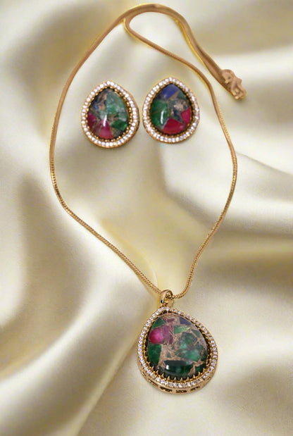 CZ Diamond Natural Doublet Stone Pendant Chain Set