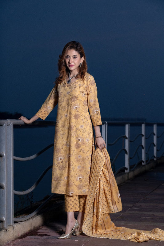Yellow Printed Premium Cotton Kurta Dupatta Pant Set
