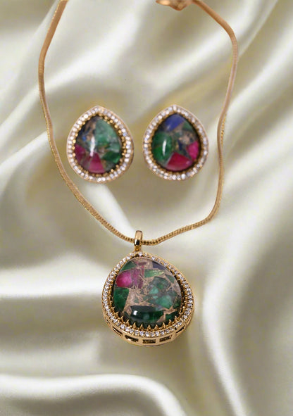 CZ Diamond Natural Doublet Stone Pendant Chain Set