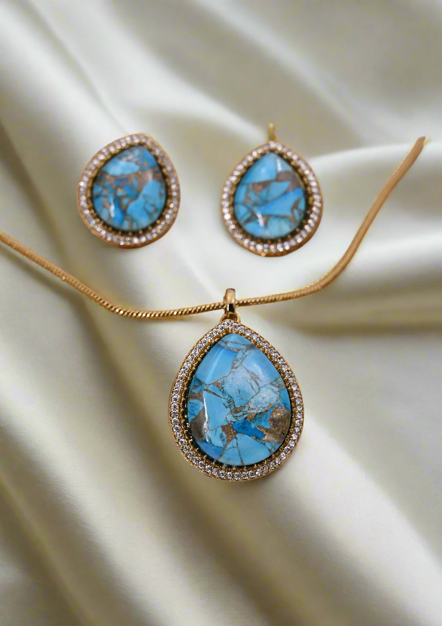 CZ Diamond Natural Doublet Stone Pendant Chain Set