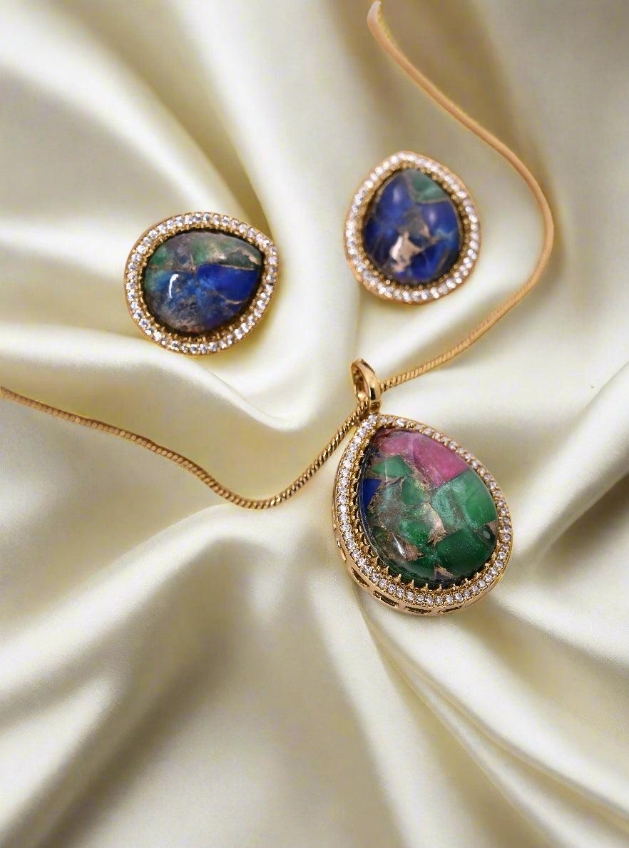CZ Diamond Natural Doublet Stone Pendant Chain Set