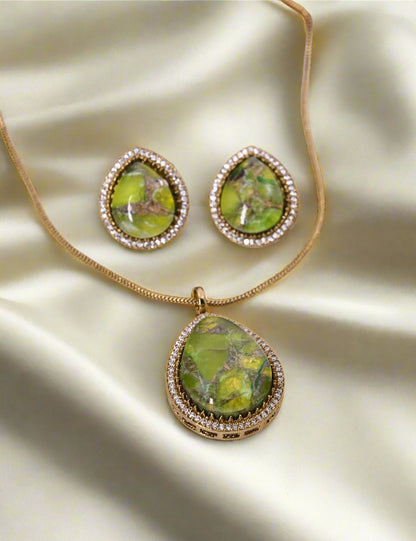 CZ Diamond Natural Doublet Stone Pendant Chain Set