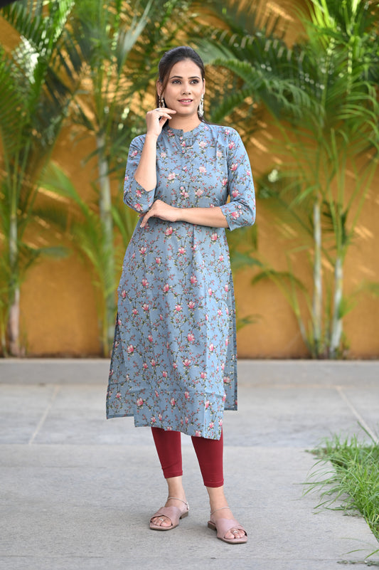 Stone Blue Floral Printed  Straight Kurta
