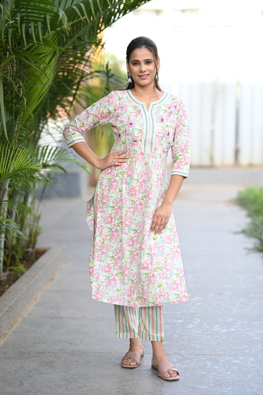 Rose Pink Floral Printed Premium Cotton Straight Kurta Pant Set