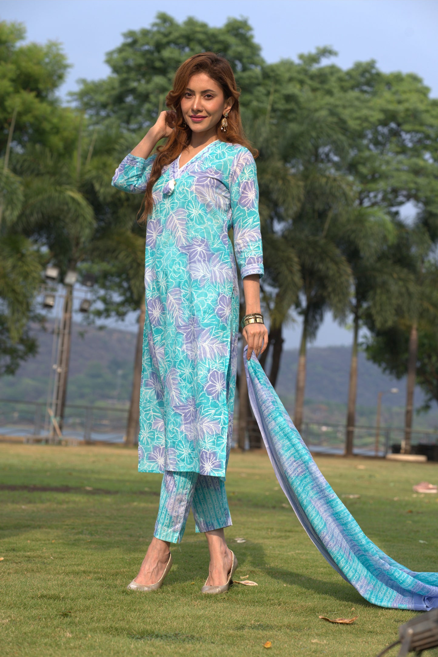 Premium Cotton Aqua Blue & White Straight Kurta Pant Duptta Set