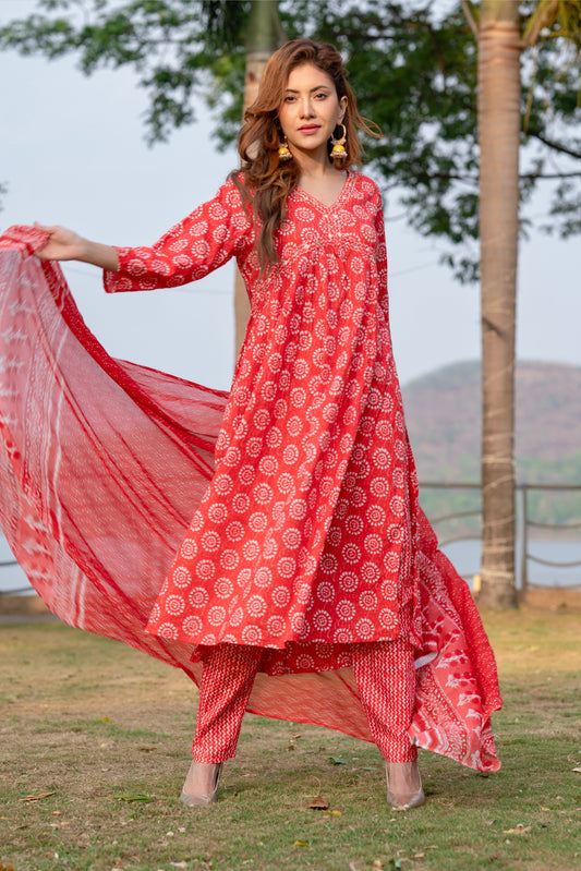 Red Alia Cut A-Line Side Slit Cotton Kurta Pant Dupatta Set