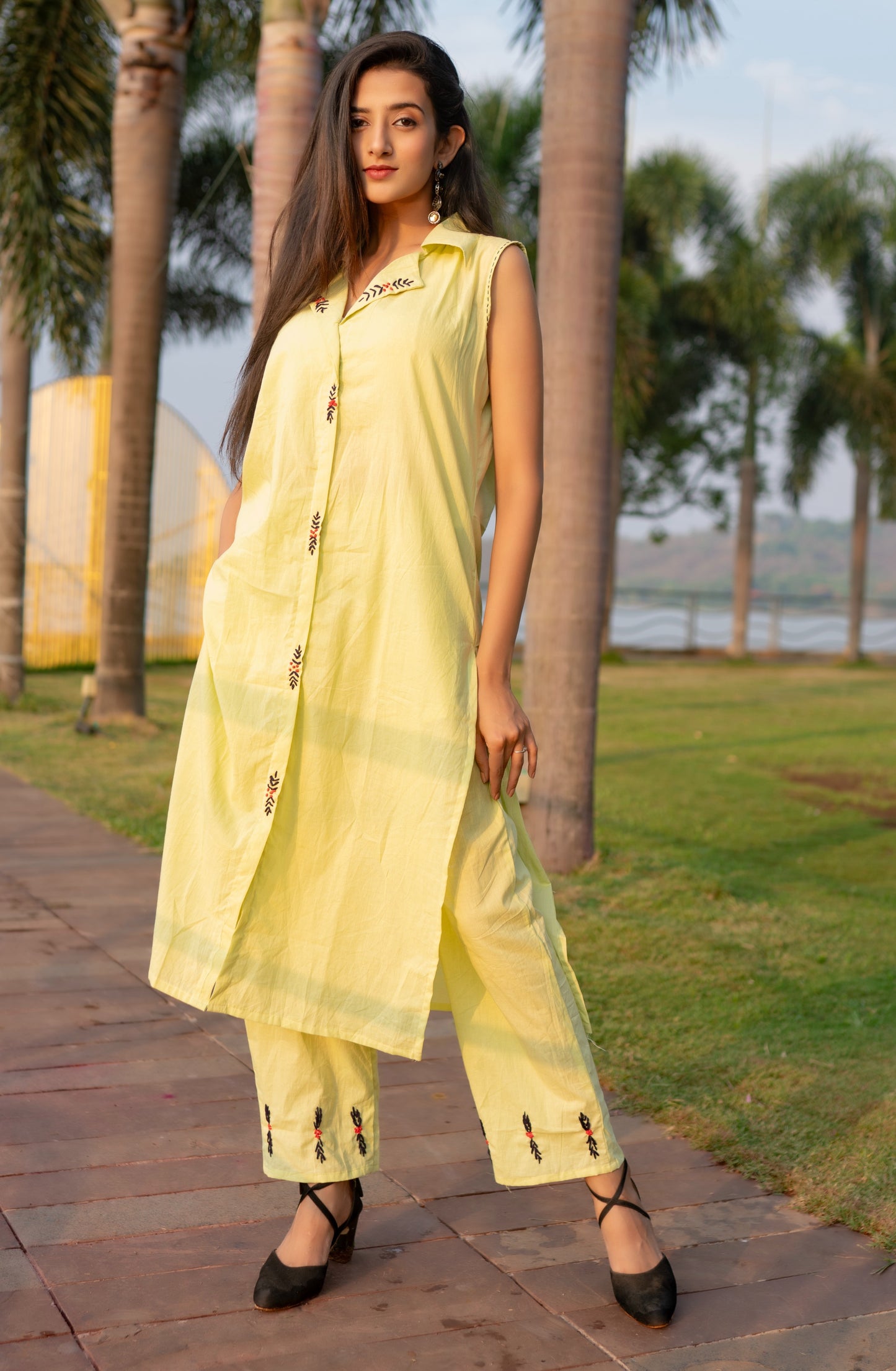 Lime Green Collar Neck Premium Cotton Co-Ord Set