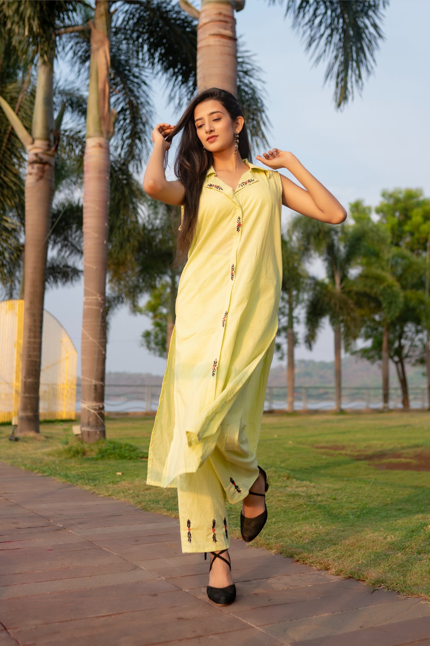 Lime Green Collar Neck Premium Cotton Co-Ord Set