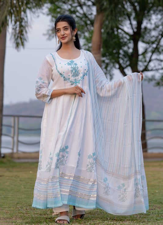White Floral Block Printed Front Slit White Anarkali Kurta Pant Dupatta  Set