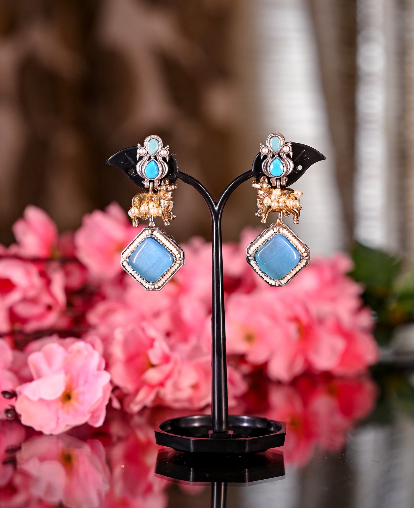 Nature Inspired Oxidized Silver Turquoise Stone Stud Pearl Beaded Earring