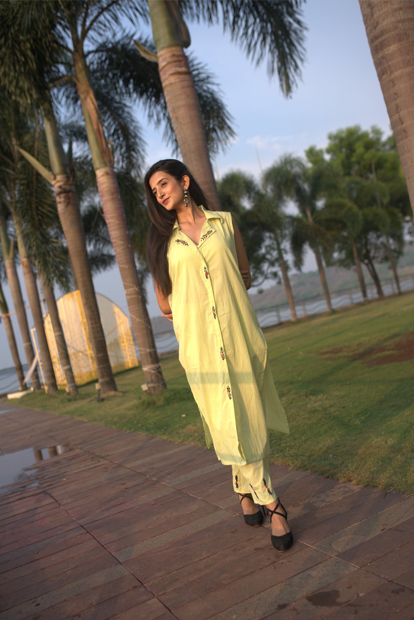 Lime Green Collar Neck Premium Cotton Co-Ord Set