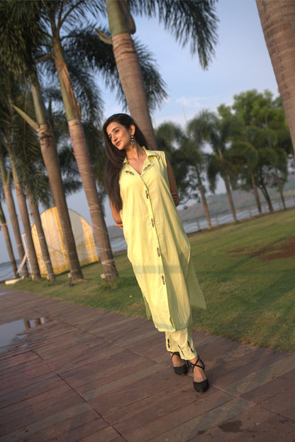 Lime Green Collar Neck Premium Cotton Co-Ord Set