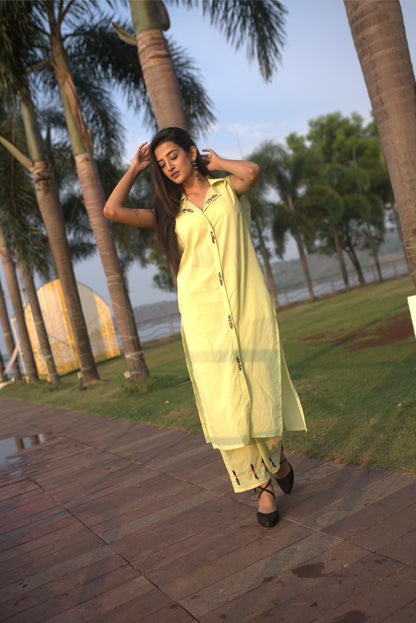 Lime Green Collar Neck Premium Cotton Co-Ord Set