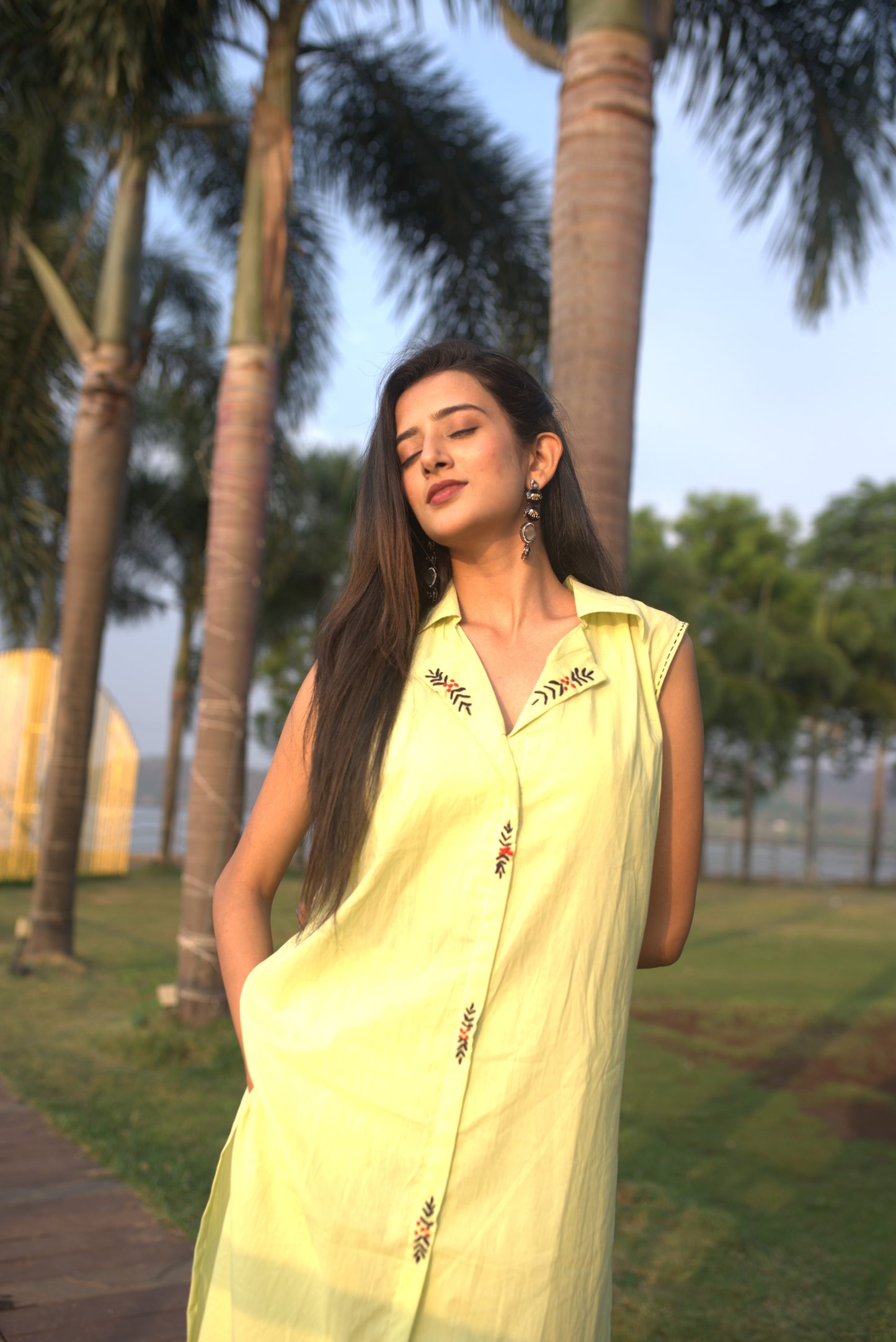 Lime Green Collar Neck Premium Cotton Co-Ord Set