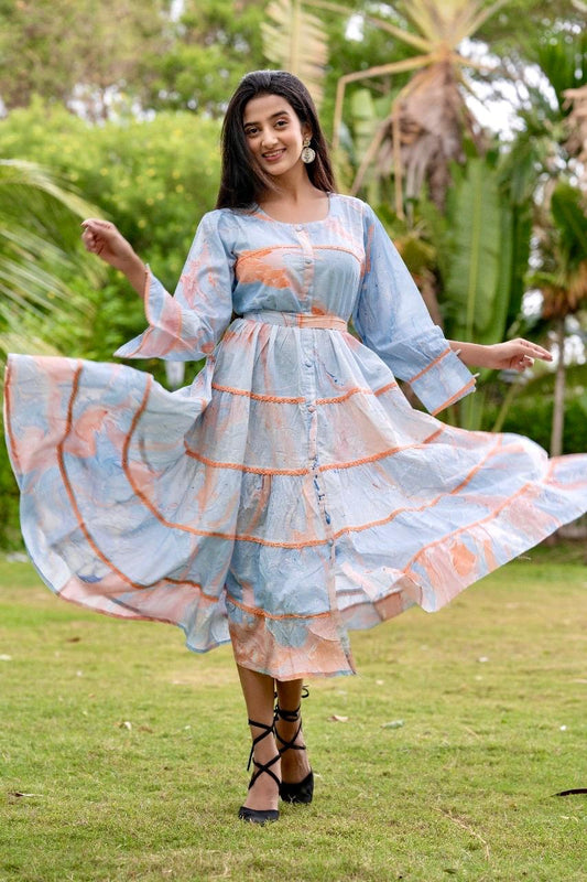 Blue Marbel Oil Print Premium Cotton Dress