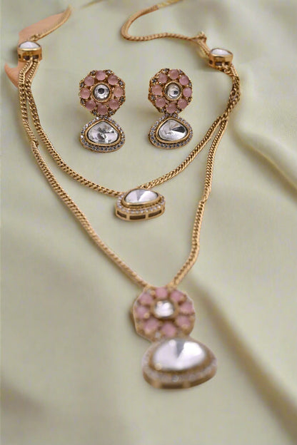 Statement Moissanite CZ Double Layered Chain Pendant Set