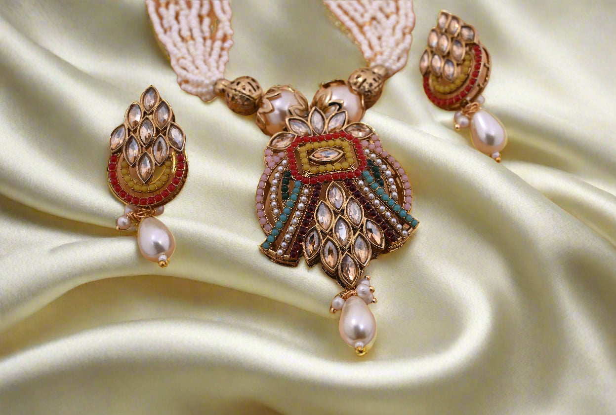 Victorian Pearl Beads Kundan Necklace Set