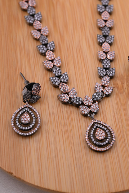 Rose Gold Finish Micro American Diamond Pendent Necklace Set