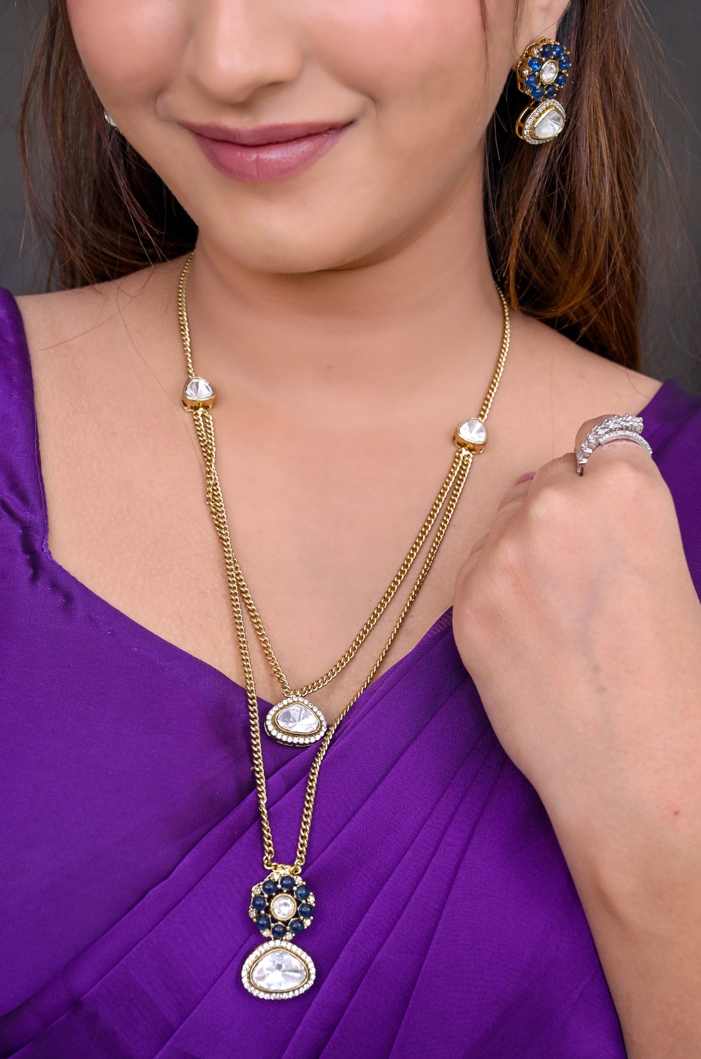 Statement Moissanite CZ Double Layered Chain Pendant Set