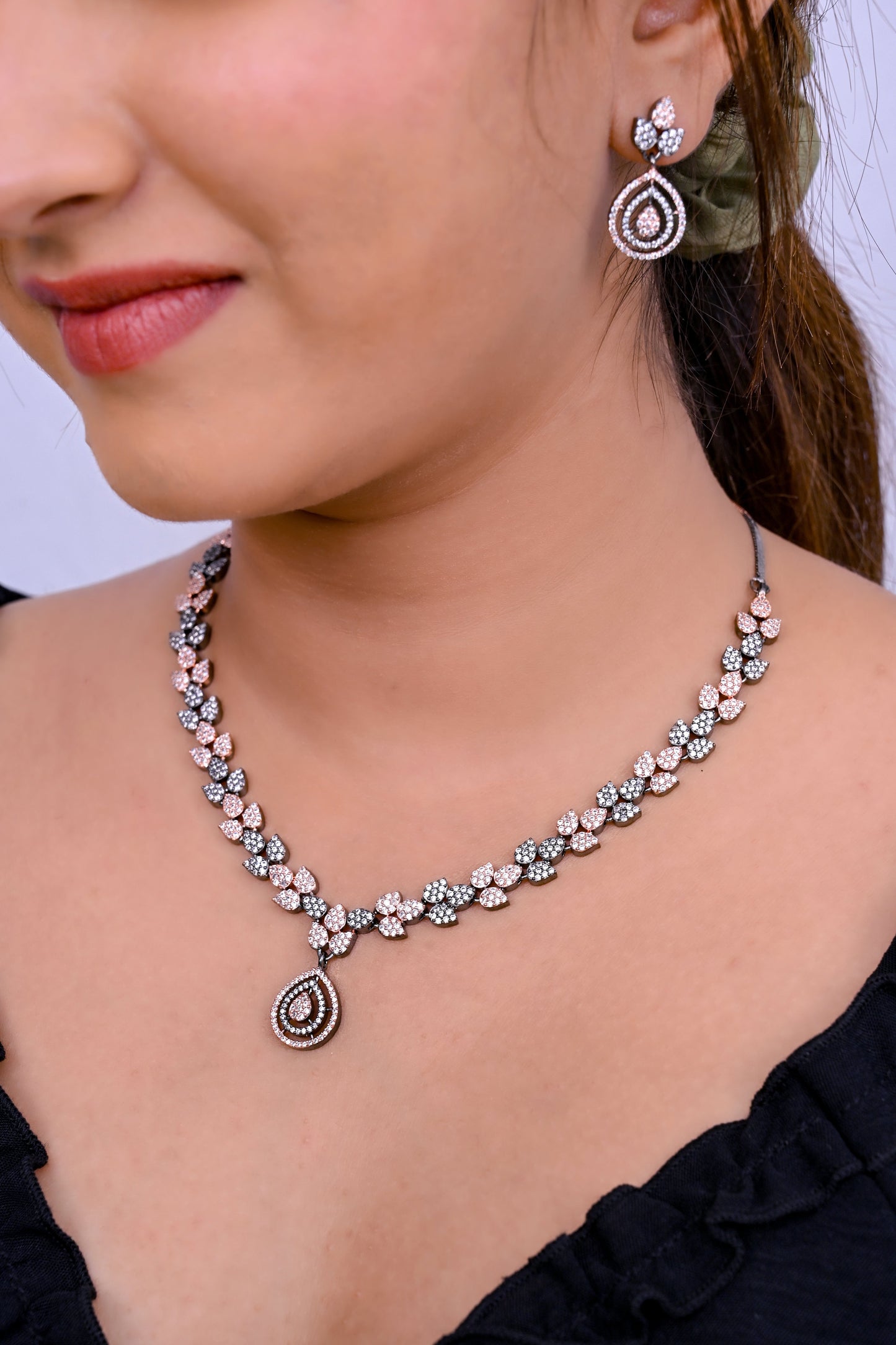 Rose Gold Finish Micro American Diamond Pendent Necklace Set