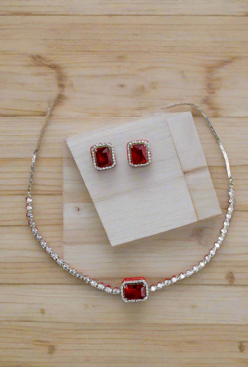 CZ Zirconia Rhodium Plated Choker Necklace Set