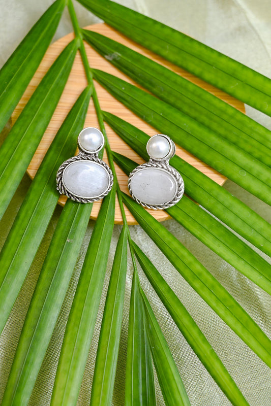 Moonstone Pearl Stud Earrings