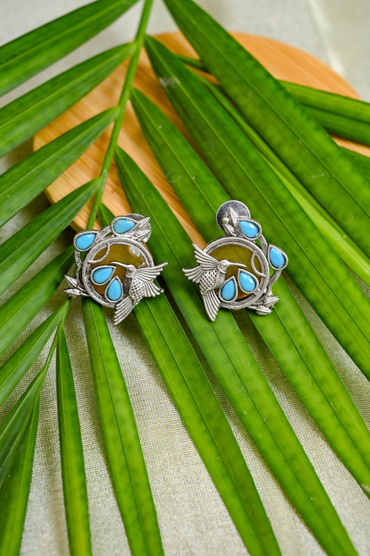 Oxidized Silver Cute Bird Natural Stone Stud Earrings