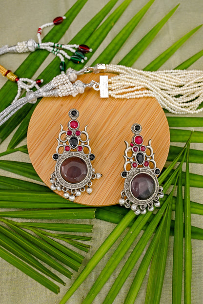 Pure Brass Natural Stone Studded Drop Earrings