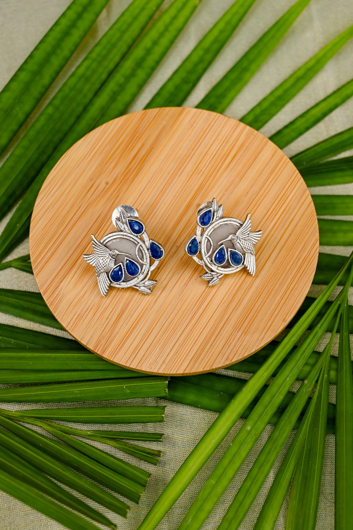 Oxidized Silver Cute Bird Natural Stone Stud Earrings