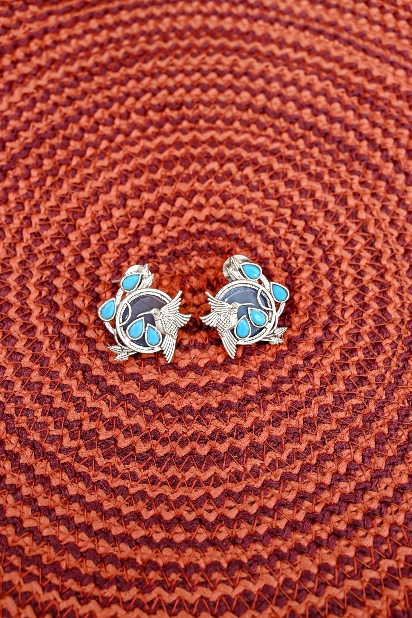 Oxidized Silver Cute Bird Natural Stone Stud Earrings