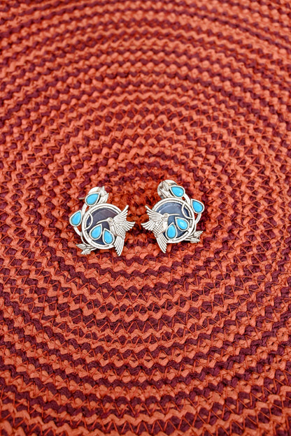 Oxidized Silver Cute Bird Natural Stone Stud Earrings