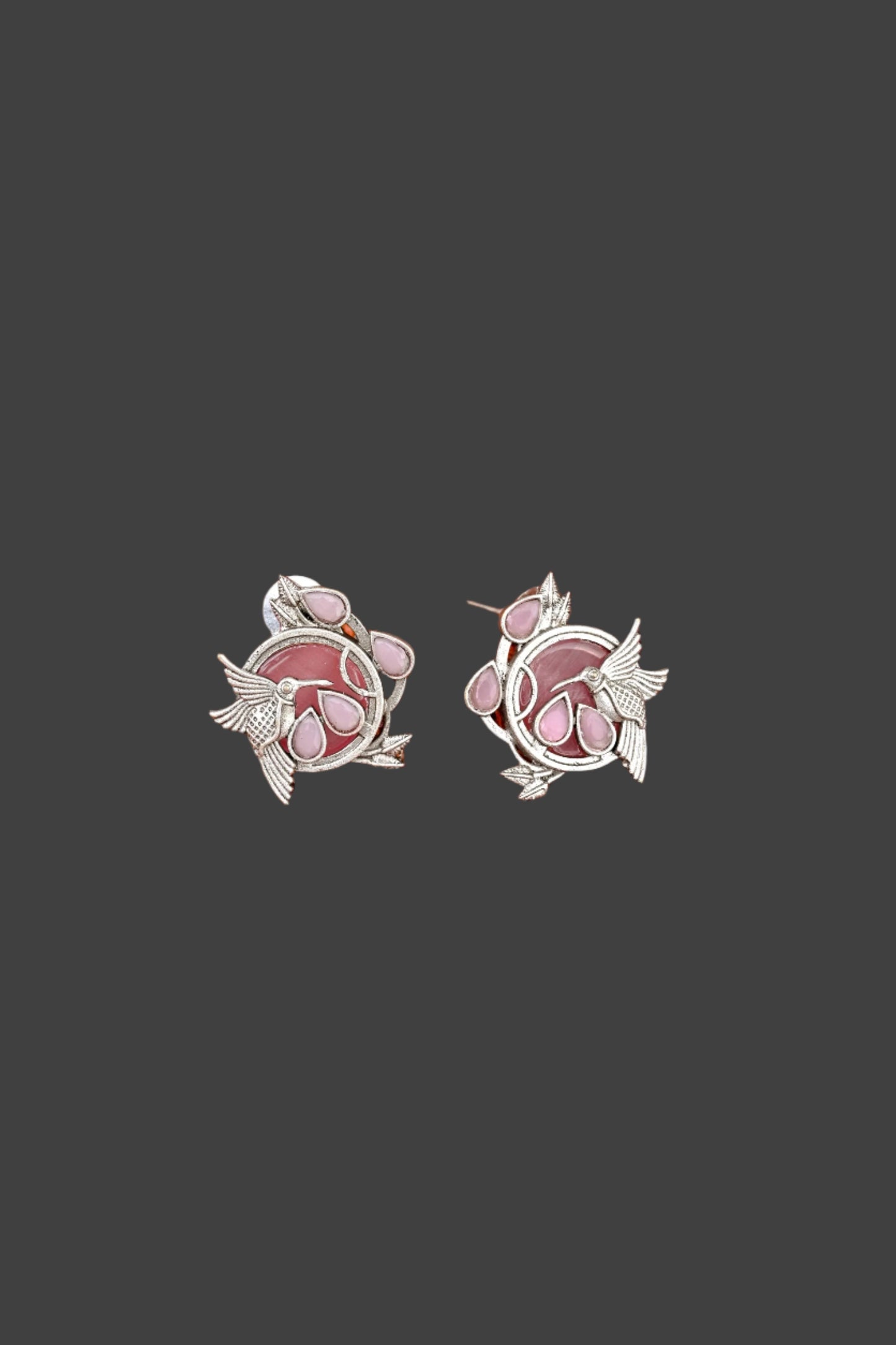 Oxidized Silver Cute Bird Natural Stone Stud Earrings