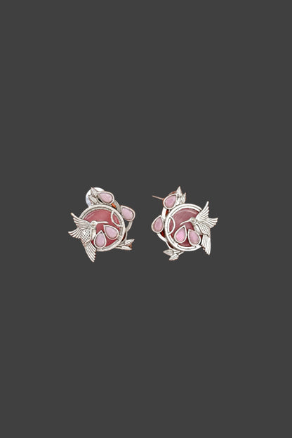 Oxidized Silver Cute Bird Natural Stone Stud Earrings